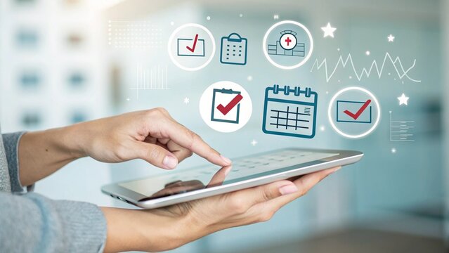 Woman using digital tablet for appointment scheduling and healthcare management with modern interface icons overlaying