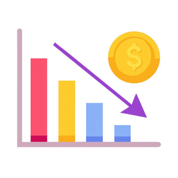 Financial decline bar chart with downward arrow and coin isolated on transparent background