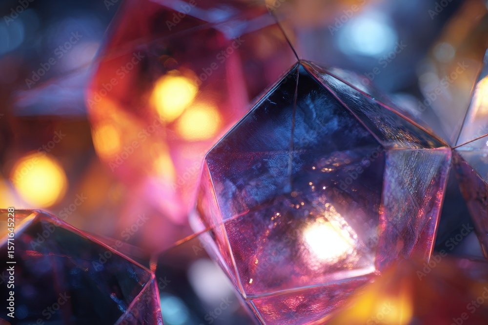 Poster colorful transparent crystals illuminated by soft lights creating a magical atmosphere in a dimly li