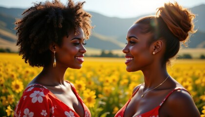 two ebony figures, early thirties, radiant joy etched on their faces, immersed in vibrant conversation beneath the crisp, angular embrace of sharp sunlight, medium shot, panoramic expanse