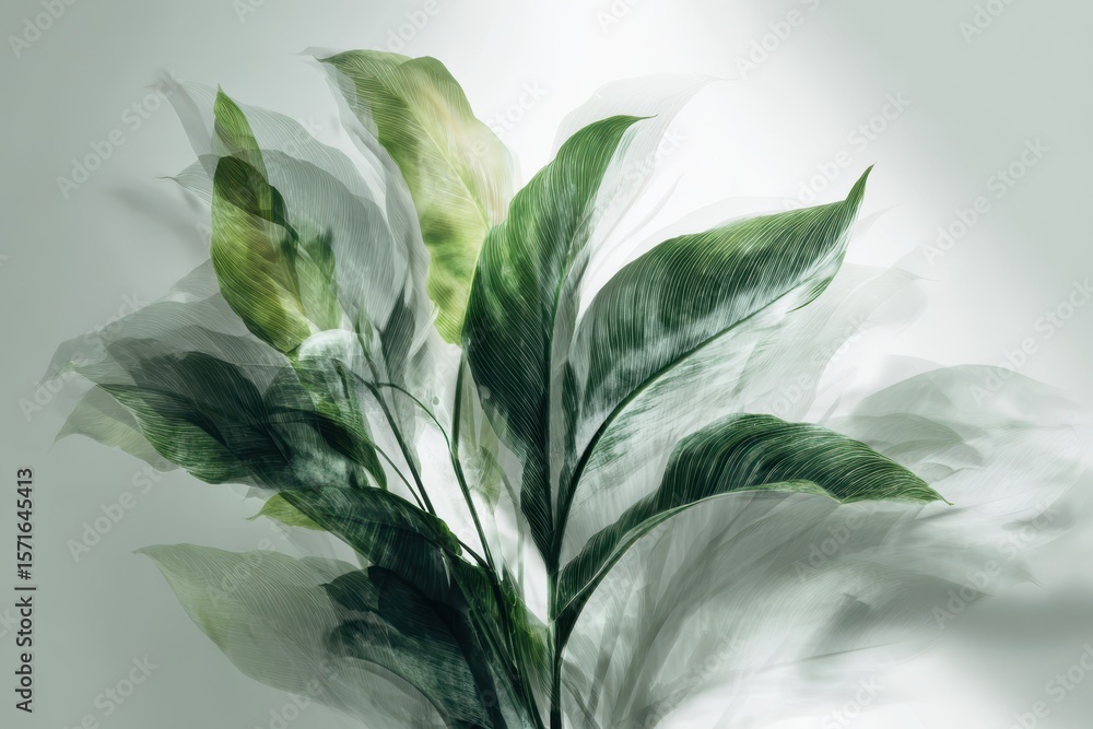 Poster vibrant green leaves create an abstract composition with soft shadows and layered textures in a sere