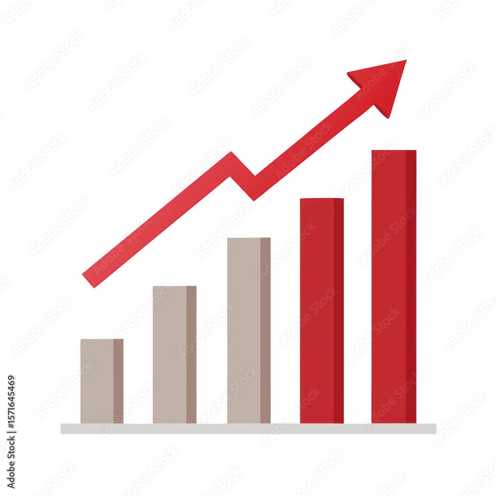 Poster bar chart with upward trending red arrow isolated on transparent background
