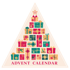 Christmas advent calendar template with gifts. Countdown holiday calendar. Christmas tree. Vector illustration.