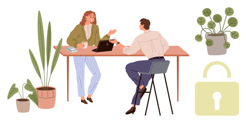 Two colleagues in conversation at a desk with a laptop and coffee, surrounded by houseplants. Lock element represents safety, privacy, or protection. Ideal for teamwork, collaboration, workplace