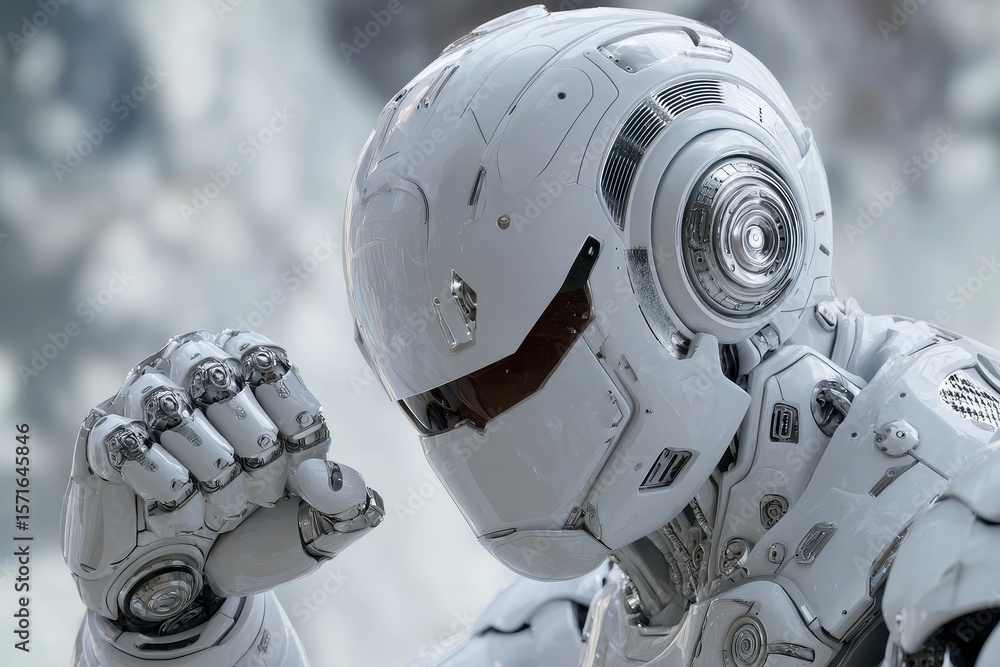 Poster cutting edge white robot deliberating in a futuristic environment displaying advanced technology and