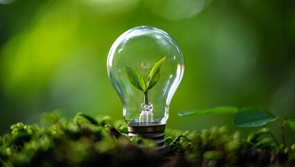 Light bulb with green plant sprout growing inside on mossy ground with blurred green background