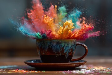 Colorful rainbow explosion in a coffee cup with vibrant hues splashing against a wooden table