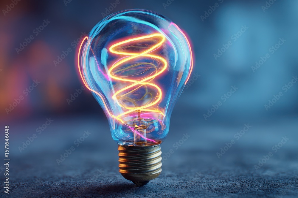 Poster unique light bulb illuminated by neon lights creates an abstract glowing effect in a dimly lit envir