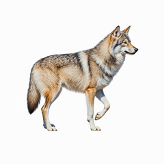 Fototapeta premium Gray Wolf Profile: A majestic gray wolf stands alert, its fur a blend of gray, brown, and tan, against a clear background. Its gaze is intense, conveying a sense of wildness and power.