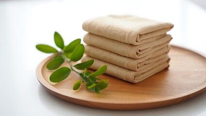 Neatly folded beige towels and a green plant branch on a wooden tray
