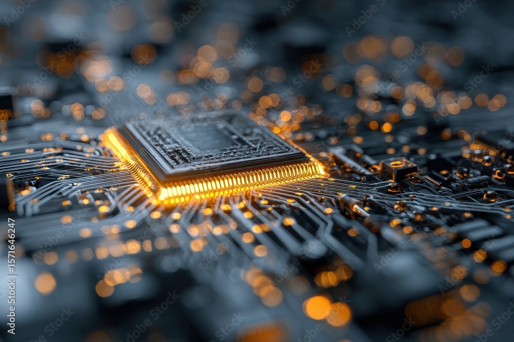 Poster advanced ai chip emits a luminous glow as intricate circuitry illuminates with energy, showcasing cu