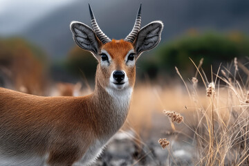 Side view small antelope with alert expression, standing in dry grassland, natural wildlife habitat, soft background, warm sunlight
