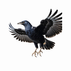 Raven in Flight: This striking image captures a majestic raven in full flight, its dark feathers spread wide, showcasing nature's elegance and power.