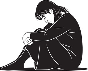 clean vector silhouette of sad woman sitting on the floor, illustration of sad person