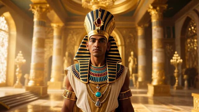 A regal Egyptian pharaoh stands majestically in a golden palace, adorned in elaborate headdress and jewelry.
