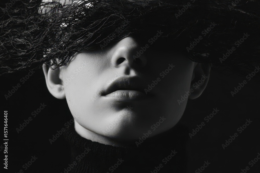 Poster surreal black and white portrait capturing a figure partially obscured by a dark veil that enhances 