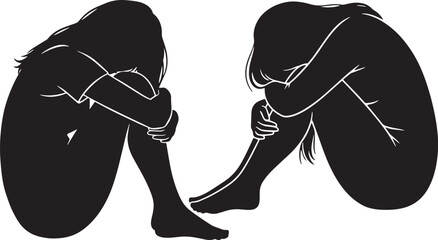 silhouette woman in fetal position on ground, Sad Woman silhouettes Illustrations