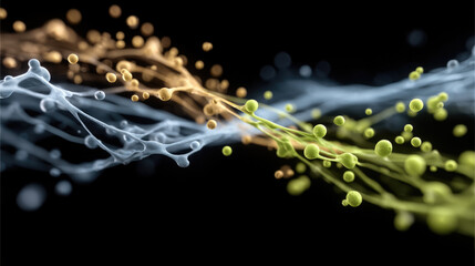 Abstract energy flow, dynamic liquid splash, yellow and blue fluid motion, futuristic science concept, vibrant movement, black background