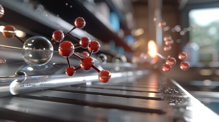 Futuristic molecular structure illustration, innovative scientific research with connected atoms and metallic background.