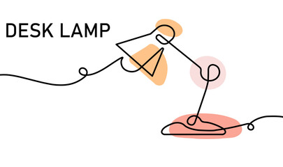 A modern continuous line drawing of a desk lamp, accented with soft, abstract colored highlights.