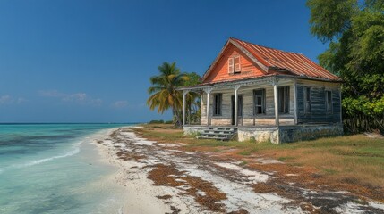 Abandoned beach house on turquoise shore