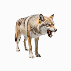 Coyote's Fierce Gaze: A formidable coyote, captured mid-action, bares its teeth and exudes raw wilderness power. The image, set against a simple backdrop, emphasizes the creature's untamed spirit.