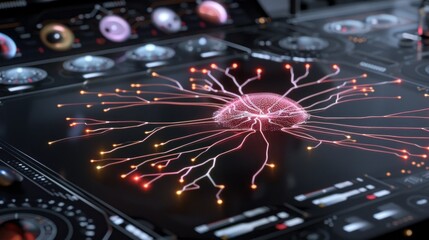 Futuristic control panel with digital brain display, showcasing advanced technology and complex data visuals.