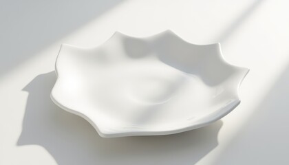 minimalist 3d maple leaf shaped plate on a white table with realistic reflections and soft rim lighting.
