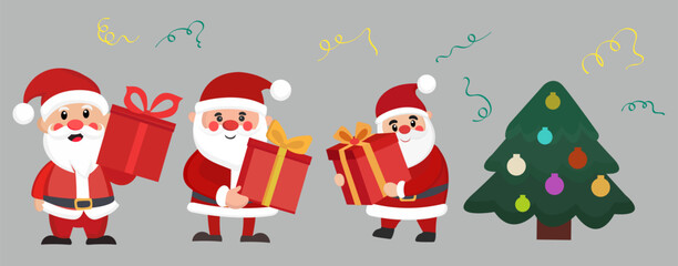 Funny cartoon Santa Claus characters holding gifts and decorated Christmas tree on editable background – holiday clipart set