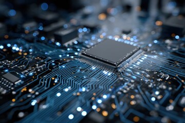 Detailed close-up of an advanced circuit board showcasing intricate pathways and electronic components under dramatic lighting conditions