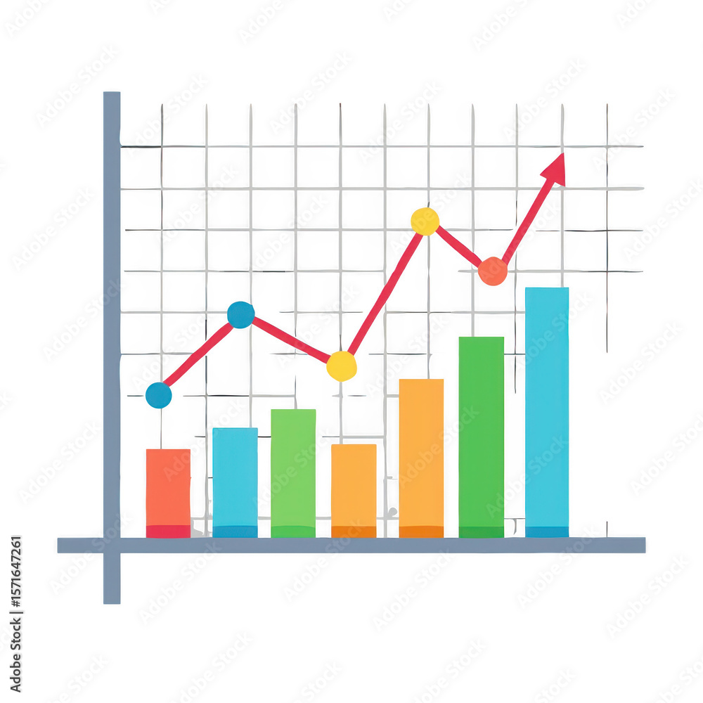 Poster colorful bar and line graph showing upward trend isolated on transparent background