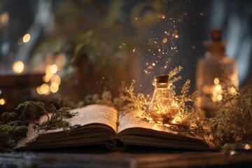 Magical open book filled with enchanting elements and glowing potion surrounded by nature at twilight