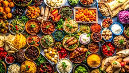 Fototapeta premium Colorful array of diverse foods in bowls