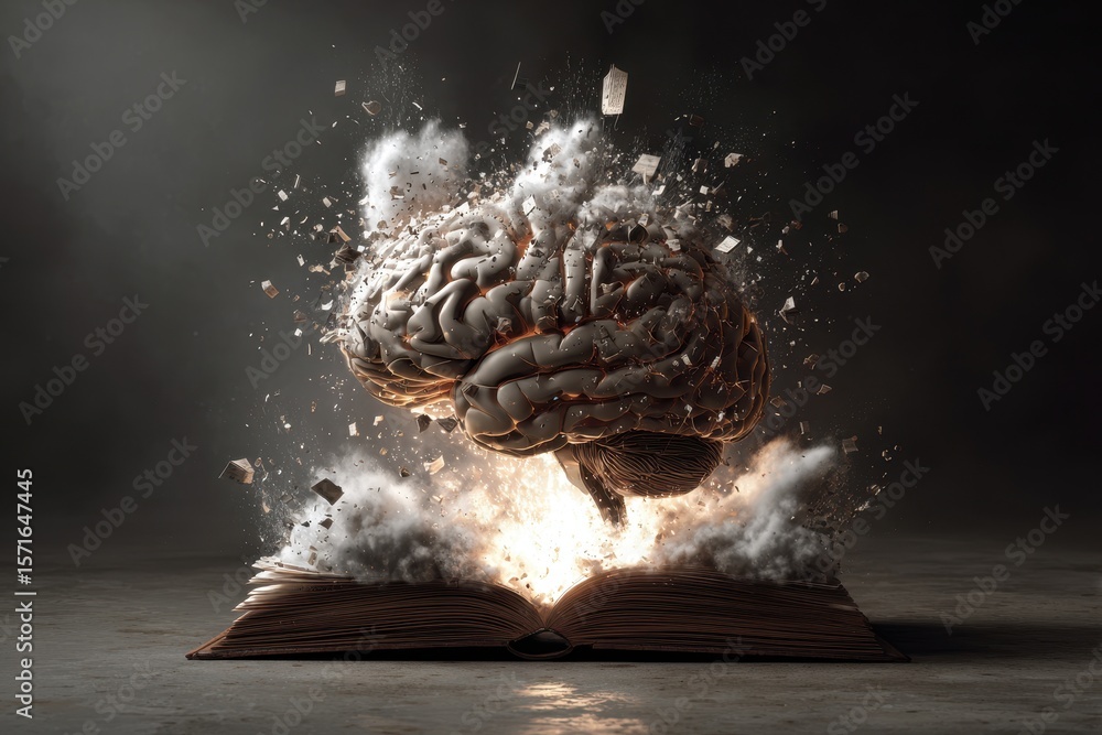 Poster concept art depicting a human brain exploding from an open book, surrounded by fragments and a cloud