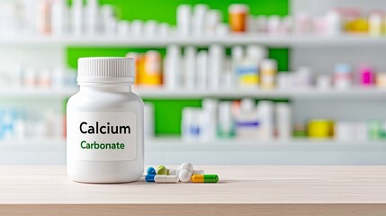 A white bottle labeled 'Calcium Carbonate' with colorful capsules beside it, sitting on a wooden surface against a blurred pharmacy background.