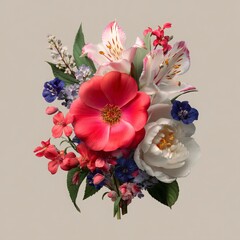 Exquisite Botanical Medley: A Richly Detailed Bouquet of Vivid Red, Pristine White, and Deep Blue Flowers, Featuring Peonies, Alstroemeria, and Poppies, Artfully Arranged on a Serene Background.