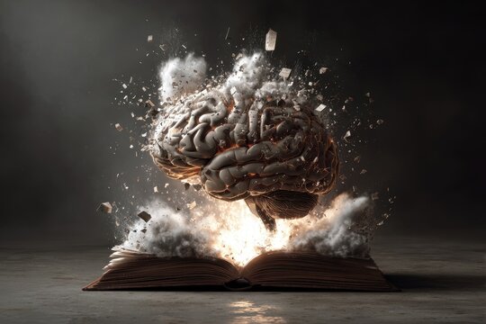Concept art depicting a human brain exploding from an open book, surrounded by fragments and a cloud of dust, symbolizing the release of knowledge and creativity in a dramatic fashion