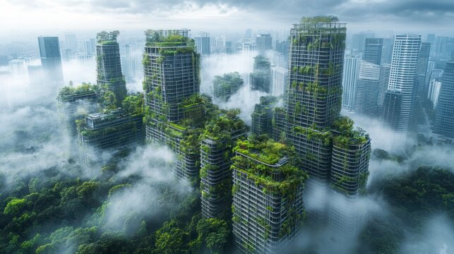 Abandoned skyscrapers overgrown with lush vegetation, shrouded in mist