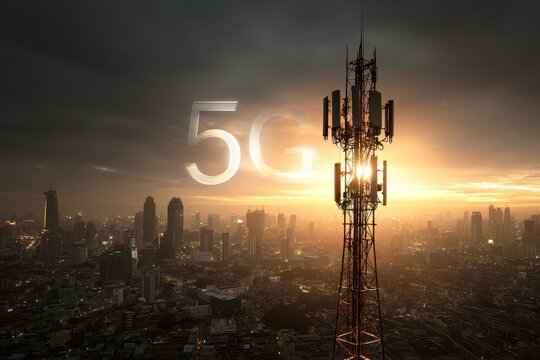 Global network connection with 5G technology enhancing urban development and communication in a modern city skyline during sunset