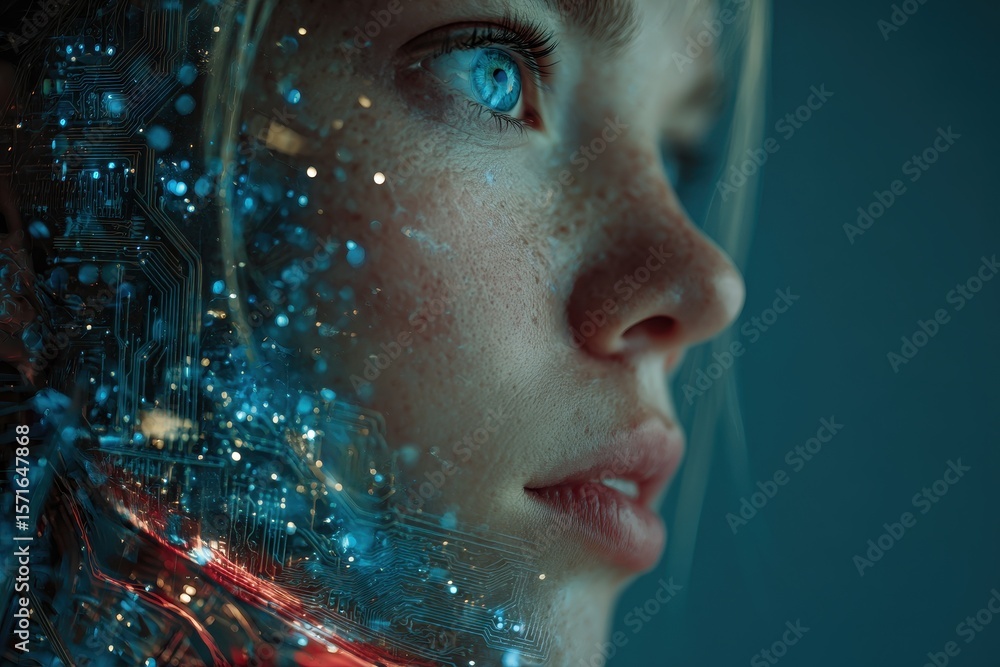 Poster exploring the fusion of human emotion and artificial intelligence through a creative portrayal of a 