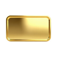 Rectangular gold metal plate with a smooth, polished surface and rounded edges, showcasing a reflective finish. Ideal for design and branding purposes. isolated on white