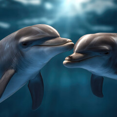 Fototapeta premium Two dolphins touch noses underwater, sunlight streaming through blue ocean, joyful and playful marine mammals in natural habitat