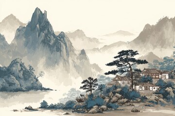 Serene landscape featuring traditional Chinese architecture surrounded by majestic mountains and flowing misty waters in a classic painting style