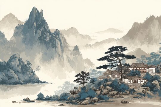 Serene landscape featuring traditional Chinese architecture surrounded by majestic mountains and flowing misty waters in a classic painting style