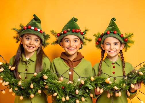 happy kides with christmas tree