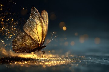 Golden glittering butterfly illuminating the dark night with magical charm and ethereal beauty during a cosmic event in the enchanted forest