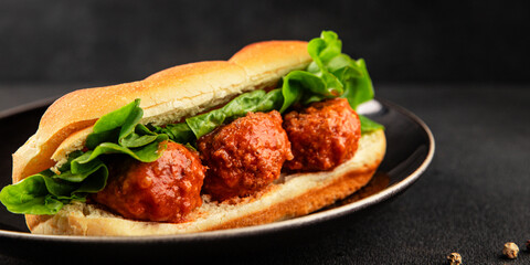 Meatball sandwich fast food meat dish fresh delicious gourmet food background on the table rustic food top view copy space