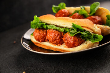 Meatball sandwich fast food meat dish fresh delicious gourmet food background on the table rustic food top view copy space