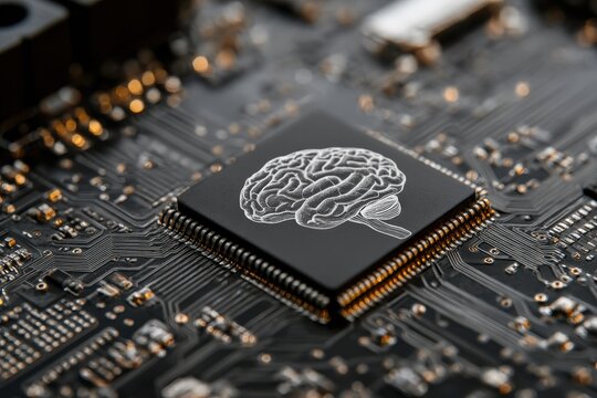 Exploring intelligent thinking represented by a human brain on a microchip design with intricate circuitry details