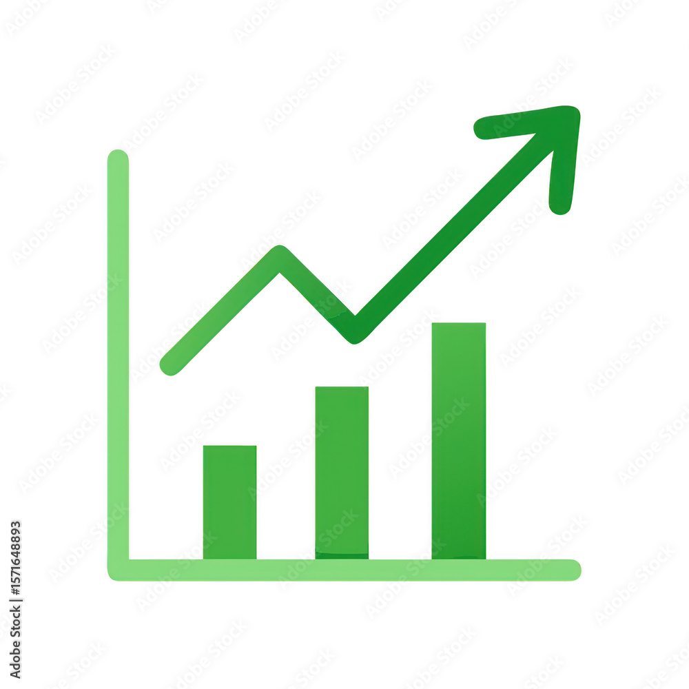Poster green bar chart and line graph showing upward trend isolated on transparent background